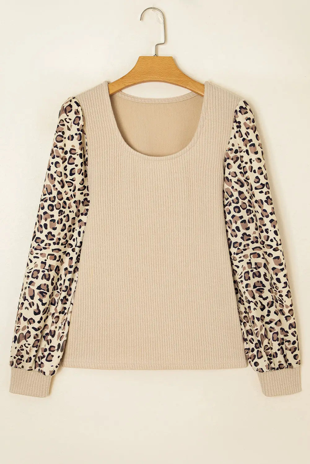Apricot Leopard Sleeve Patchwork Ribbed Long Sleeve Top Dear-Lover Dropshipping