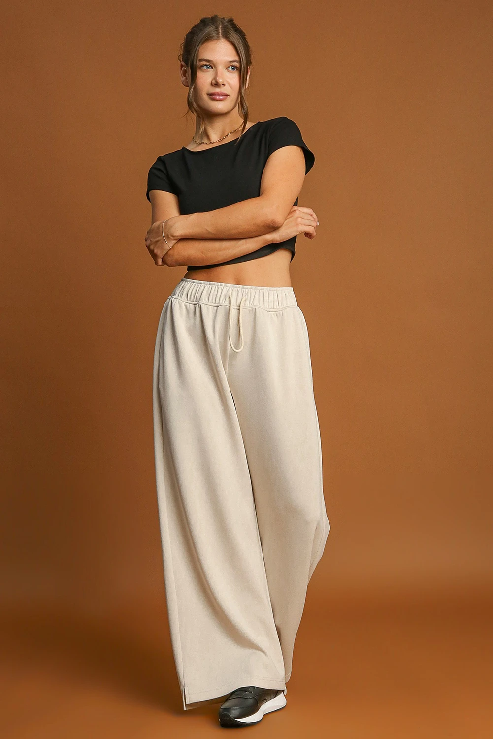 Beige Loop Drawstring Casual Wide Leg Trousers - Bottoms/Joggers