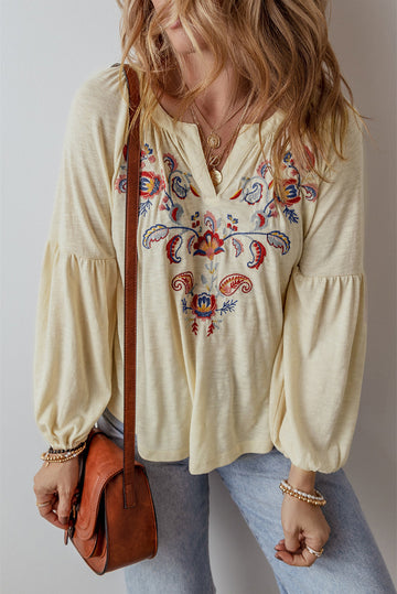 Apricot Paisley Floral Embroidered Notch V Neck Blouse - eAura