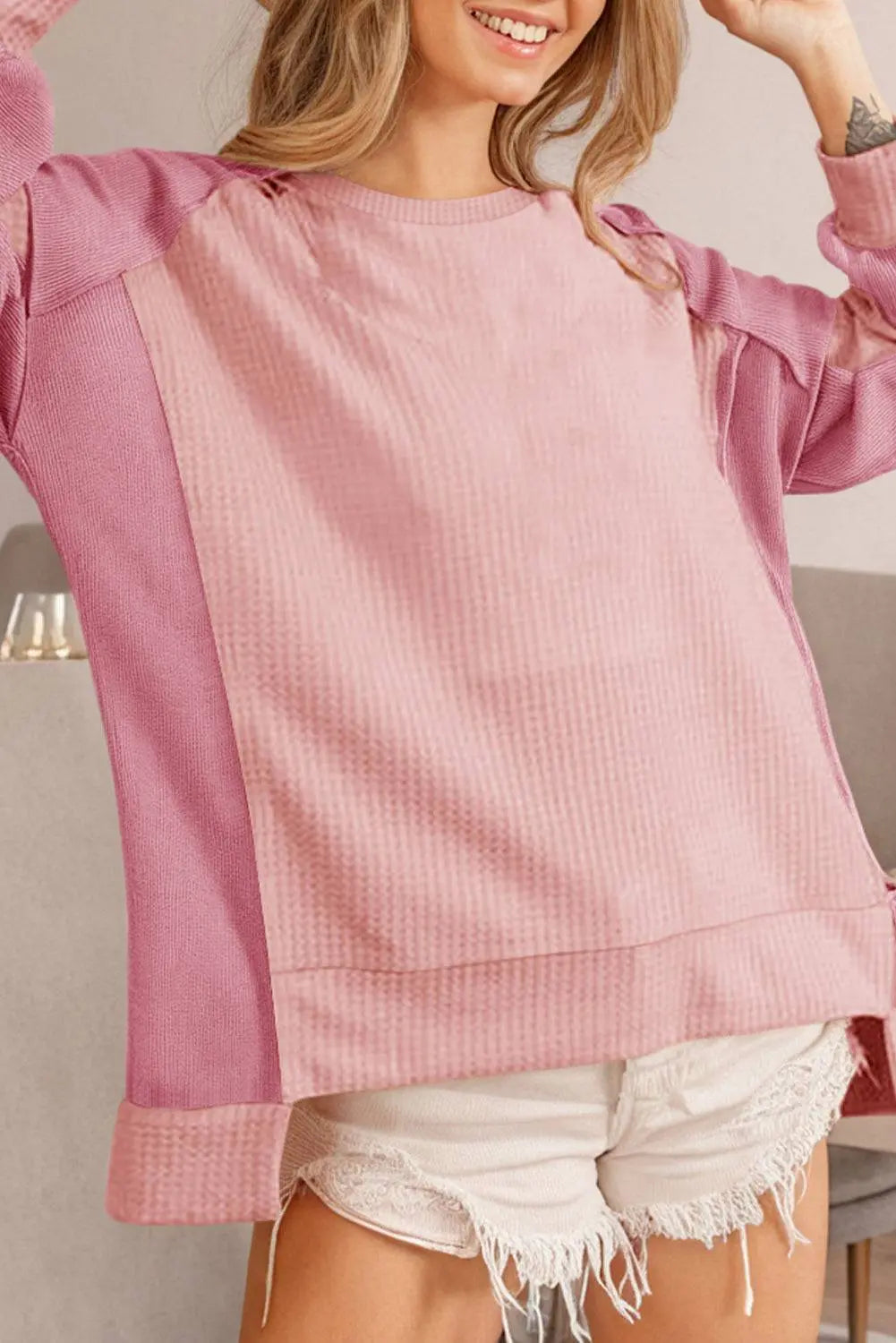 Apricot Pink Colour Block Waffle High Low Raglan Sleeve Sweatshirt - BB Fashion Outlet