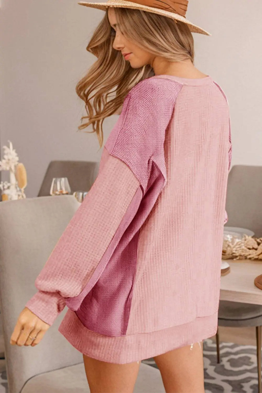 Apricot Pink Colour Block Waffle High Low Raglan Sleeve Sweatshirt - BB Fashion Outlet