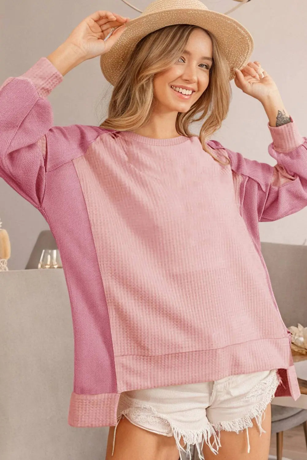 Apricot Pink Colour Block Waffle High Low Raglan Sleeve Sweatshirt - BB Fashion Outlet