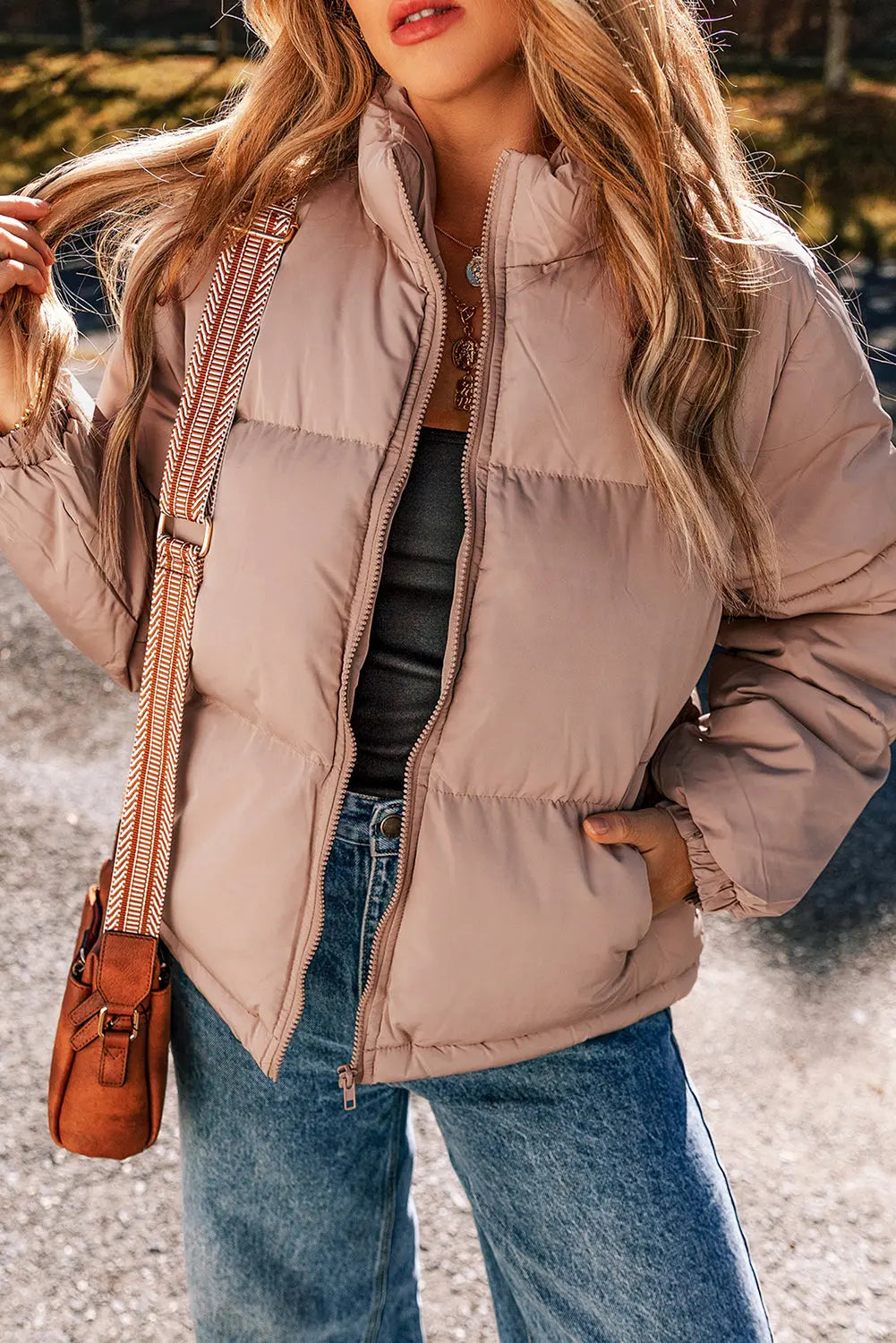 Apricot Pink Full Zipper Quilted Puffer Jacket Beagle Boutique Fashion Outlet