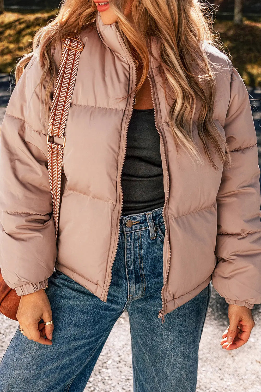 Apricot Pink Full Zipper Quilted Puffer Jacket Beagle Boutique Fashion Outlet