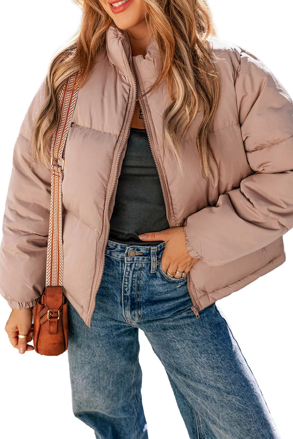 Apricot Pink Full Zipper Quilted Puffer Jacket Beagle Boutique Fashion Outlet