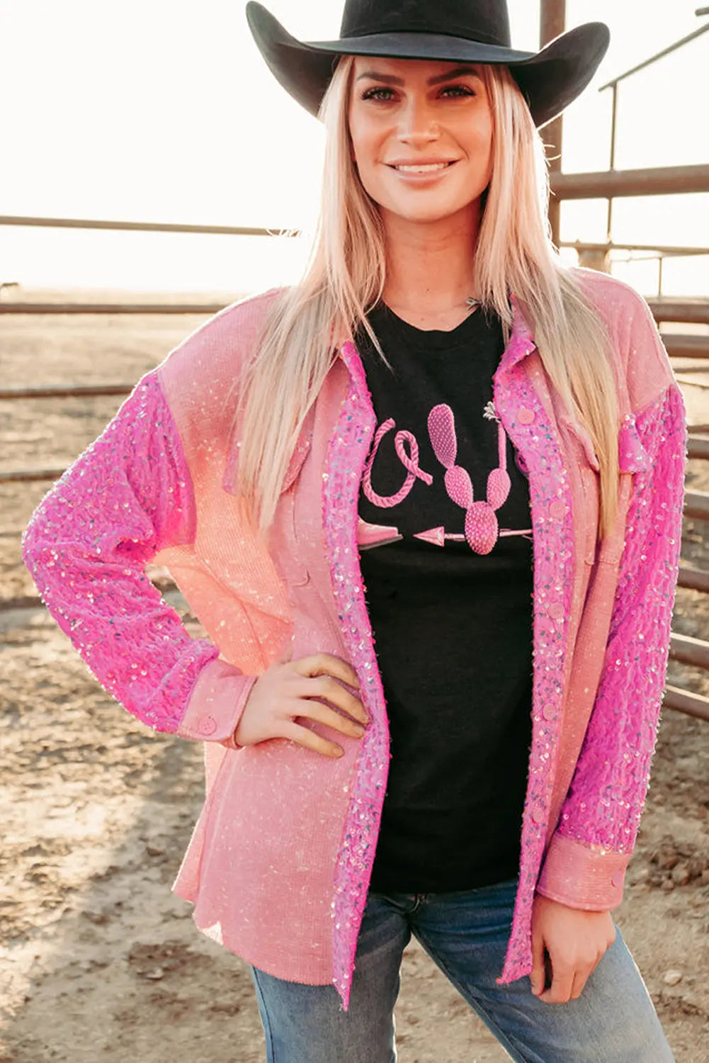 Apricot Pink Mineral Wash Sequin Patchwork Flap Pocket Shacket - eAura