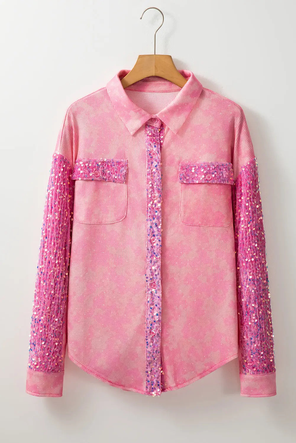 Apricot Pink Mineral Wash Sequin Patchwork Flap Pocket Shacket - eAura