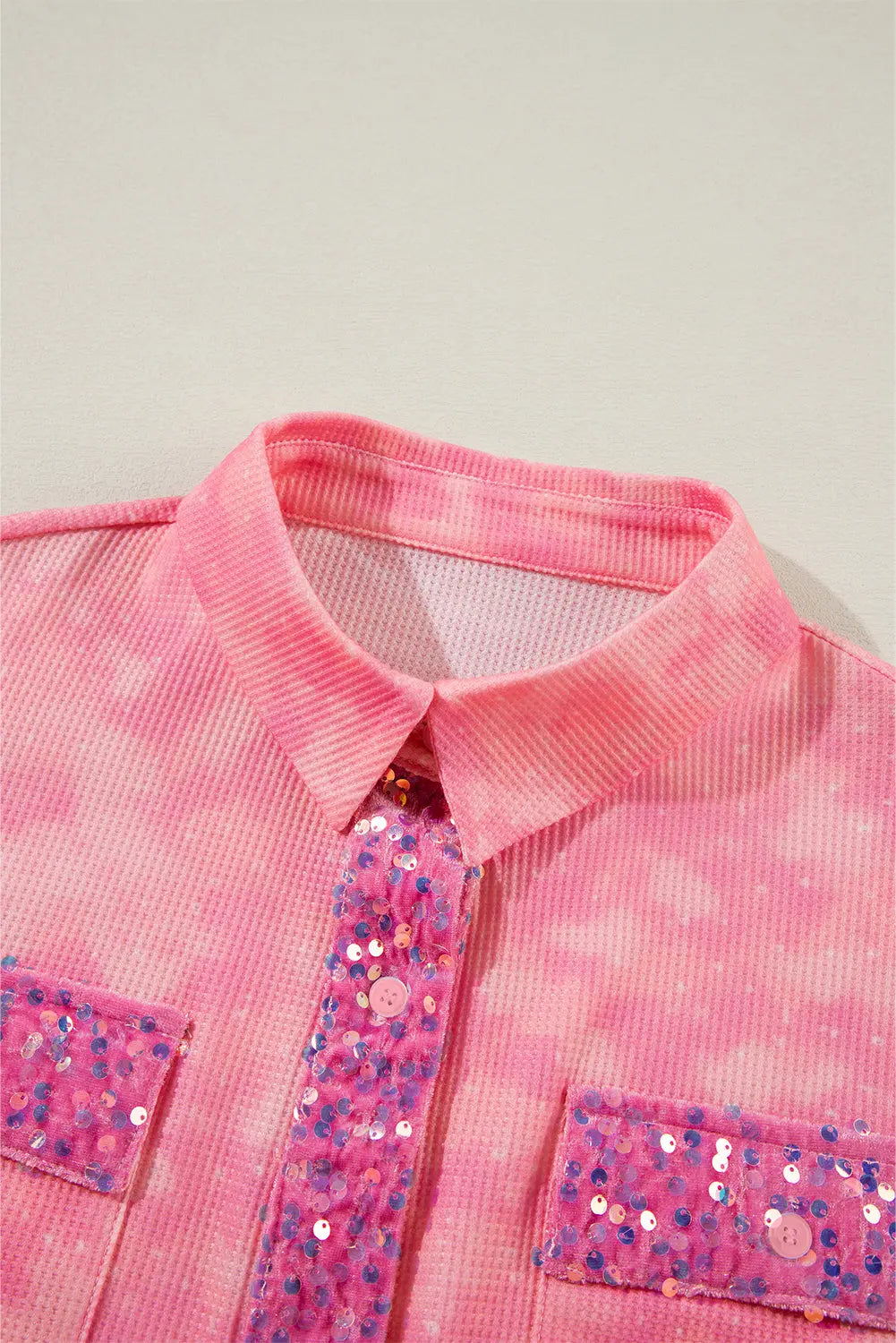 Apricot Pink Mineral Wash Sequin Patchwork Flap Pocket Shacket - eAura