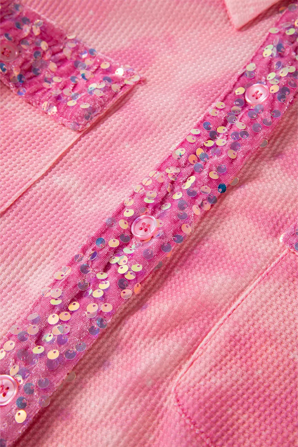 Apricot Pink Mineral Wash Sequin Patchwork Flap Pocket Shacket - eAura