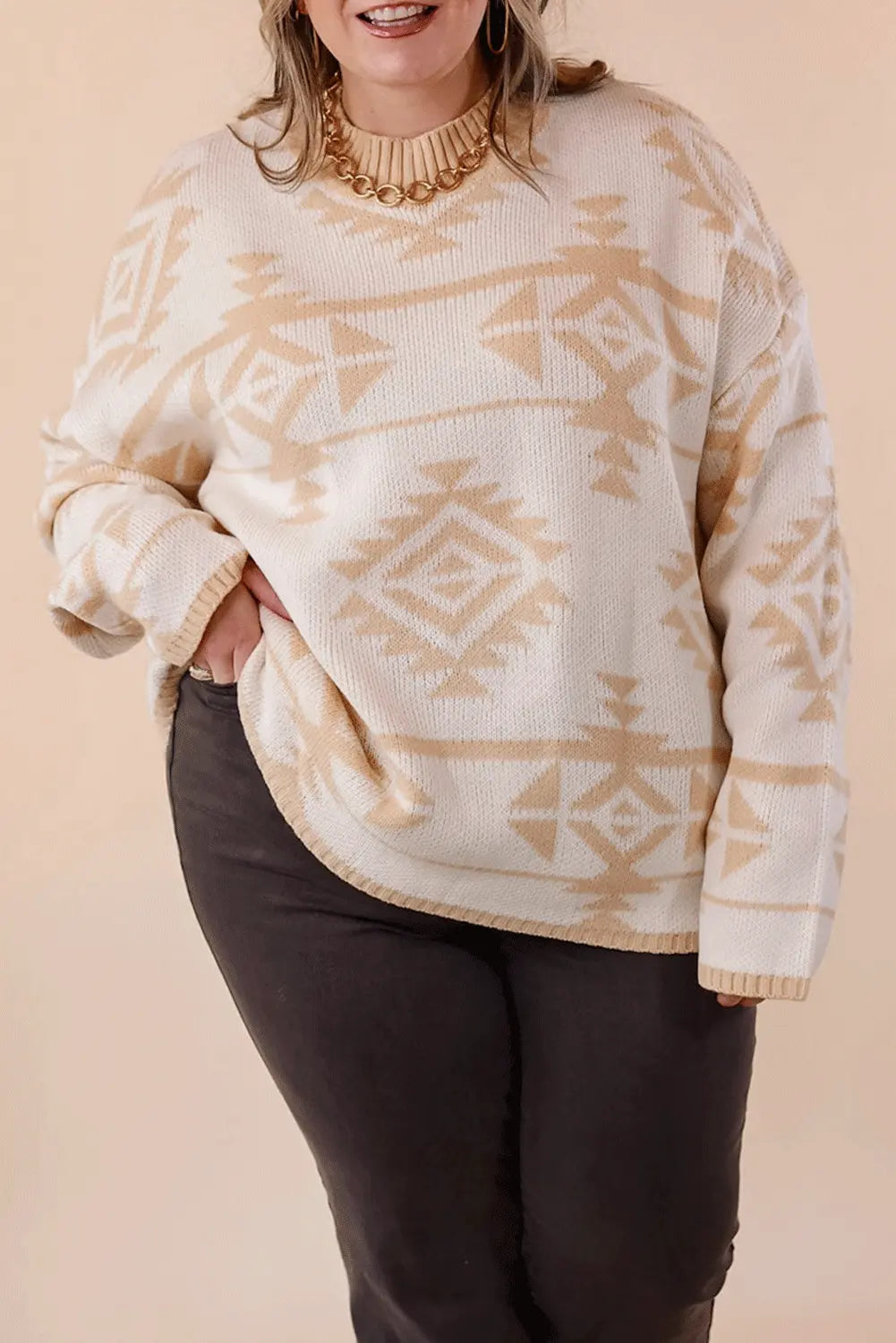 Apricot Plus Size Western Aztec Print Loose Sweater - eAura