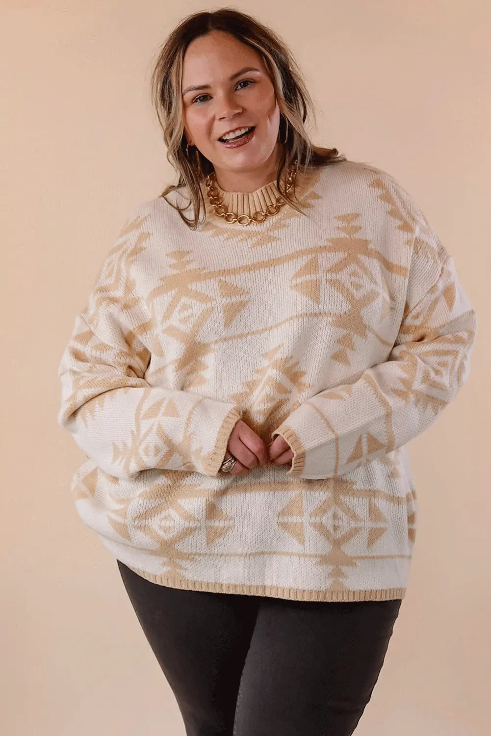 Apricot Plus Size Western Aztec Print Loose Sweater - eAura