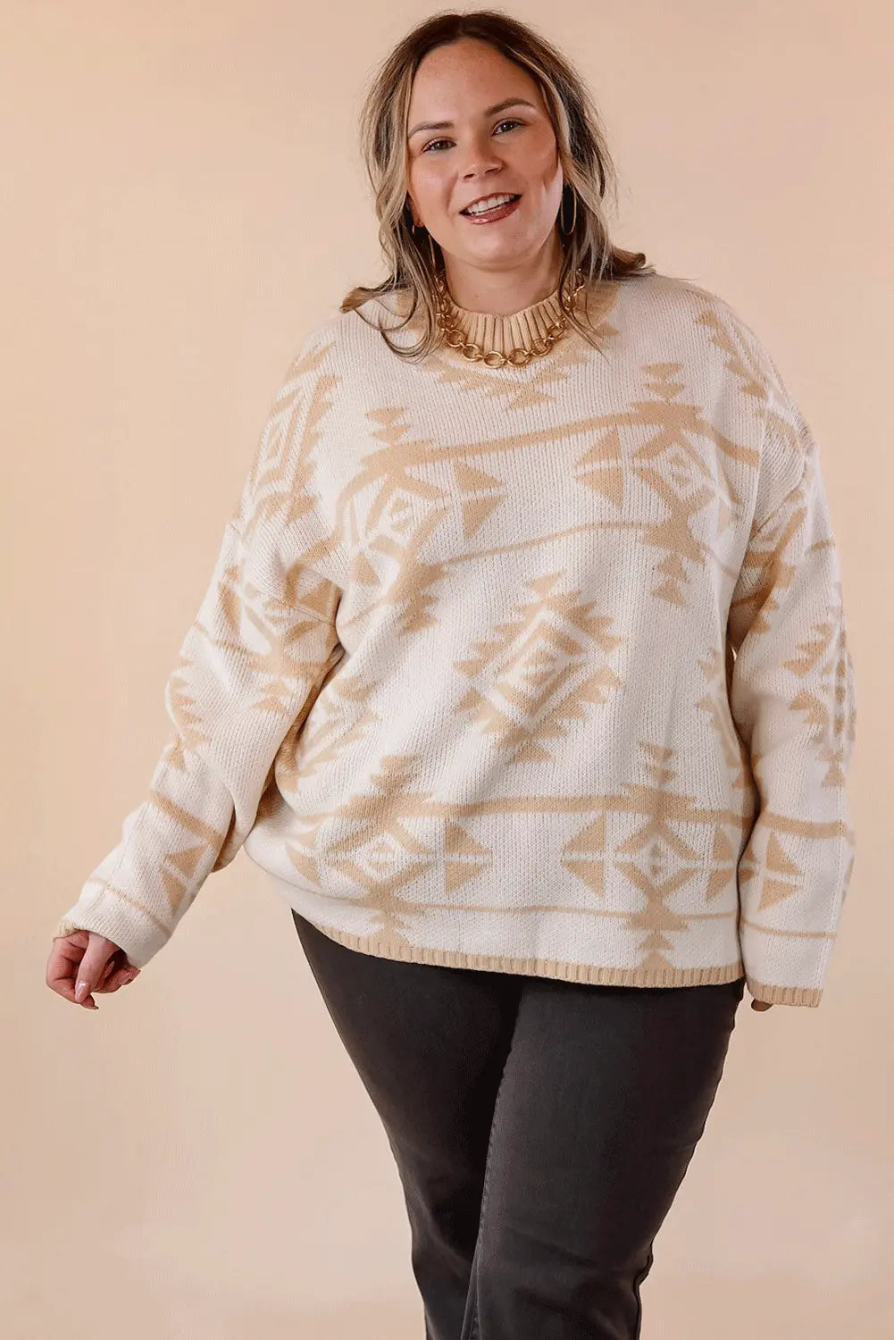 Apricot Plus Size Western Aztec Print Loose Sweater - eAura