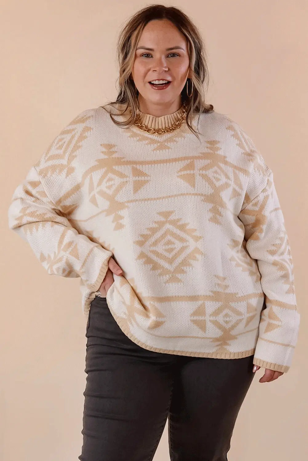 Apricot Plus Size Western Aztec Print Loose Sweater - eAura