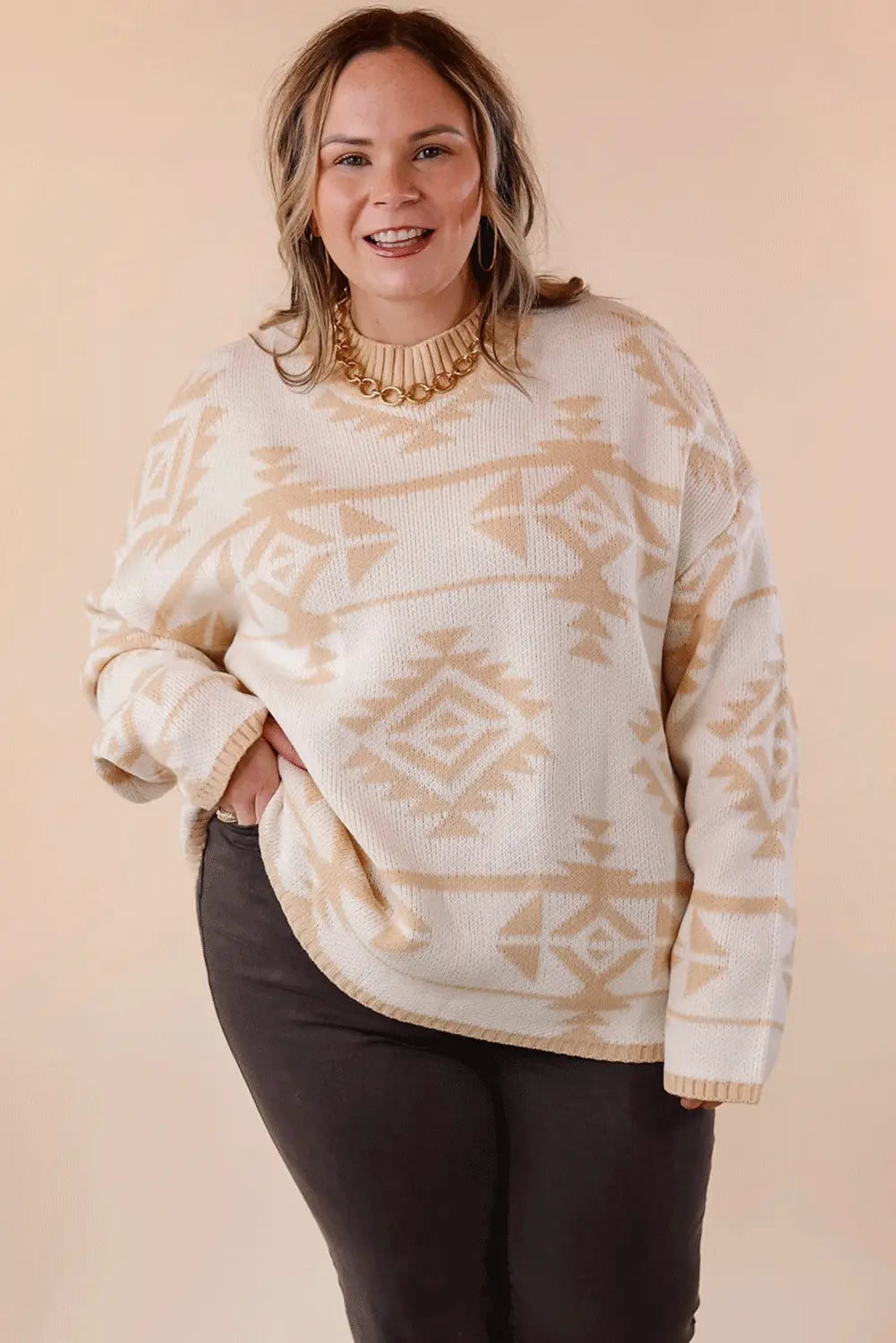 Apricot Plus Size Western Aztec Print Loose Sweater - eAura