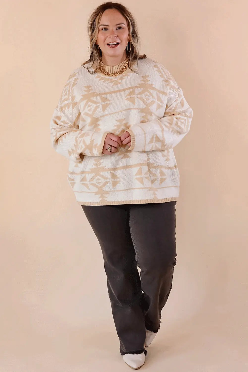 Apricot Plus Size Western Aztec Print Loose Sweater - eAura