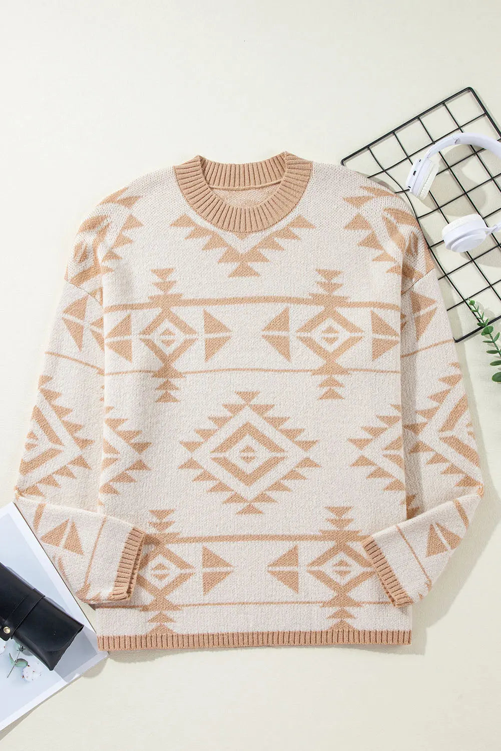 Apricot Plus Size Western Aztec Print Loose Sweater - eAura
