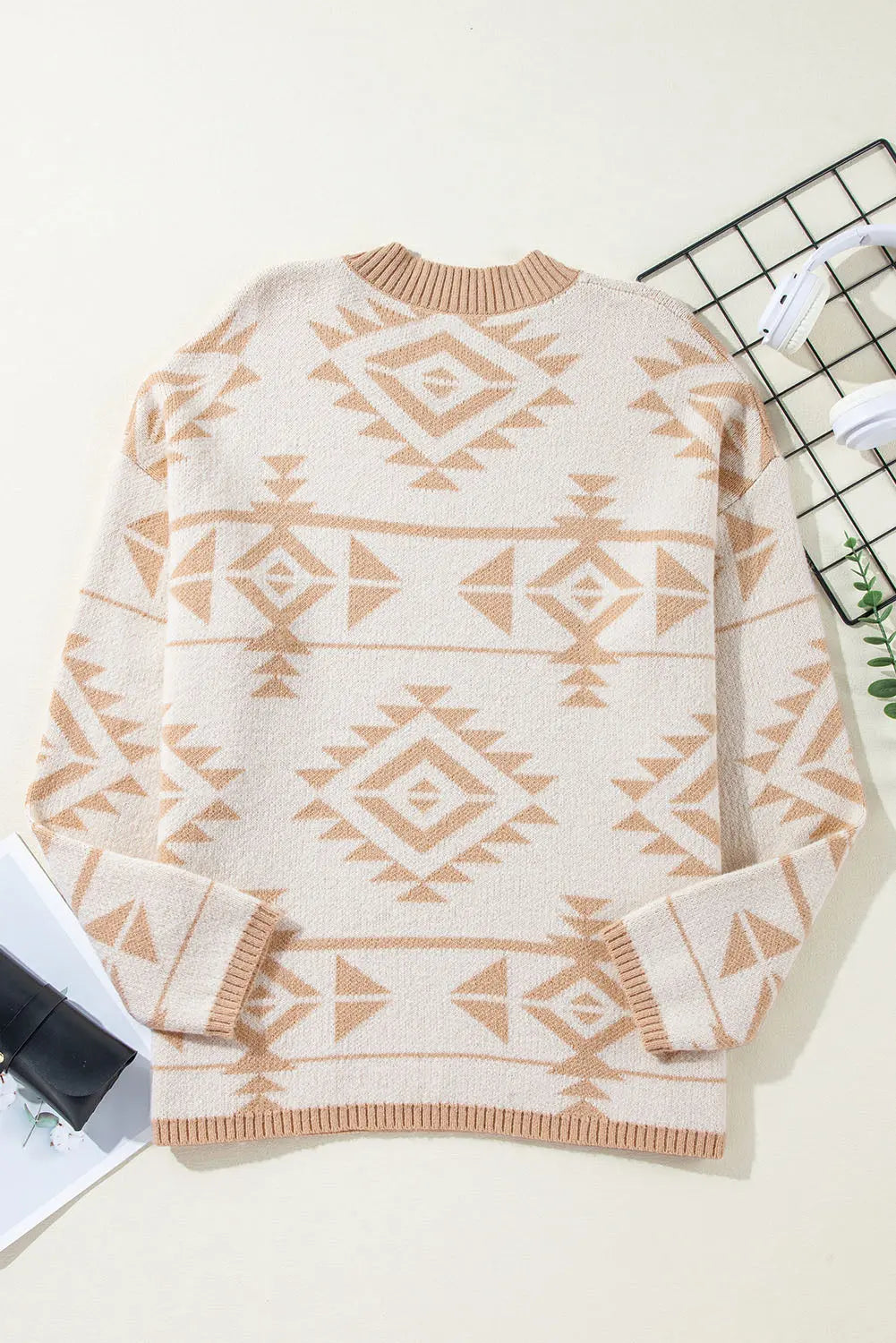 Apricot Plus Size Western Aztec Print Loose Sweater - eAura