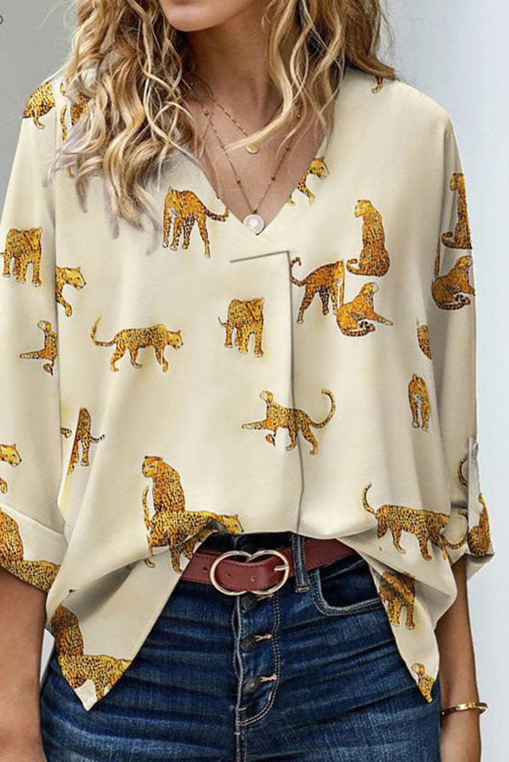 Apricot Printed Leopard Print Tab Sleeve Loose Fit V Neck Blouse - eAura