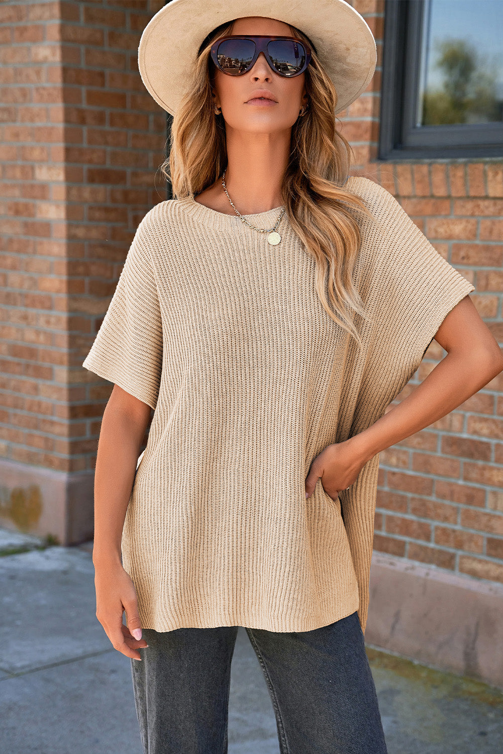 Apricot Short Sleeve Side Slit Oversized Sweater - eAura