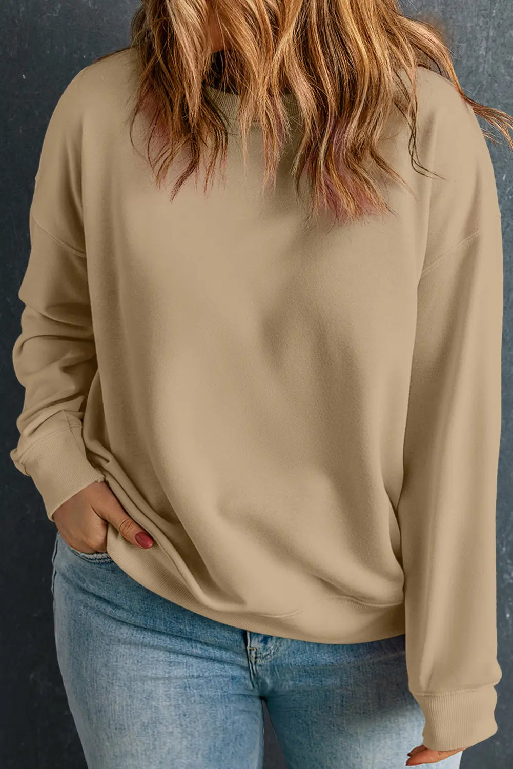 Apricot Solid Crew Neck Drop Shoulder Plus Size Sweatshirt Beagle Boutique Fashion Outlet