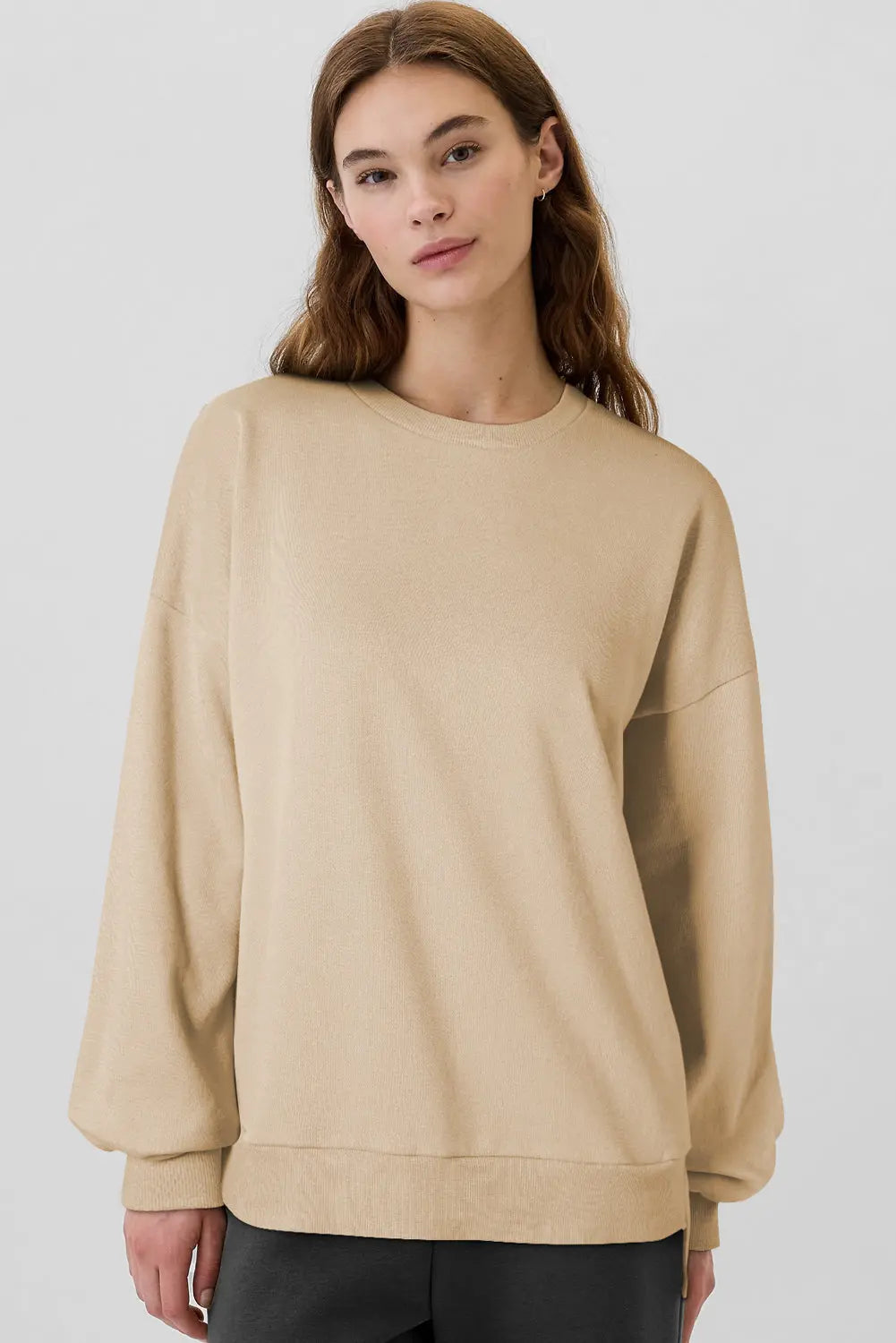 Apricot Solid Fleece Lined Drop Shoulder High Low Sweatshirt - eAura