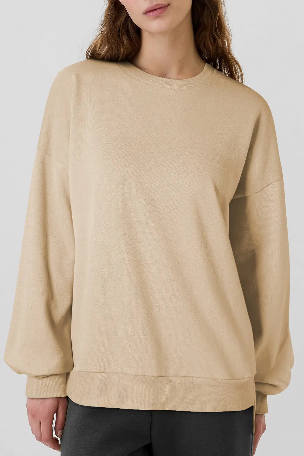 Apricot Solid Fleece Lined Drop Shoulder High Low Sweatshirt - eAura
