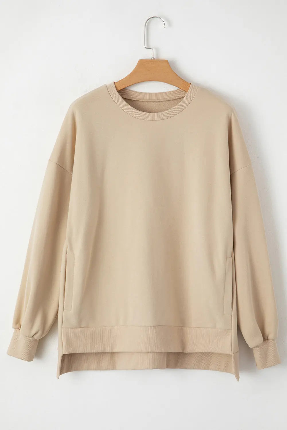 Apricot Solid Fleece Lined Drop Shoulder High Low Sweatshirt - eAura