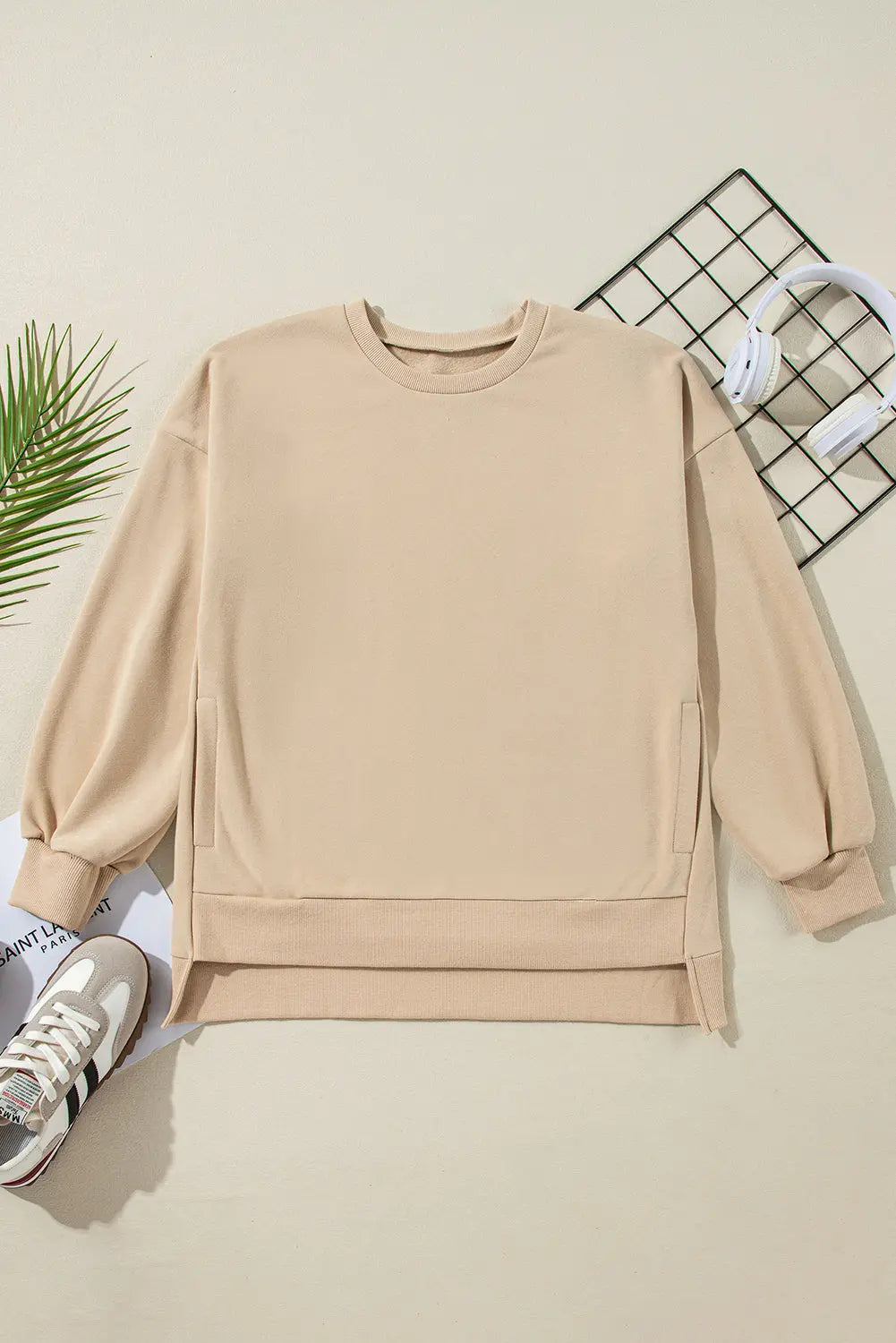 Apricot Solid Fleece Lined Drop Shoulder High Low Sweatshirt - eAura
