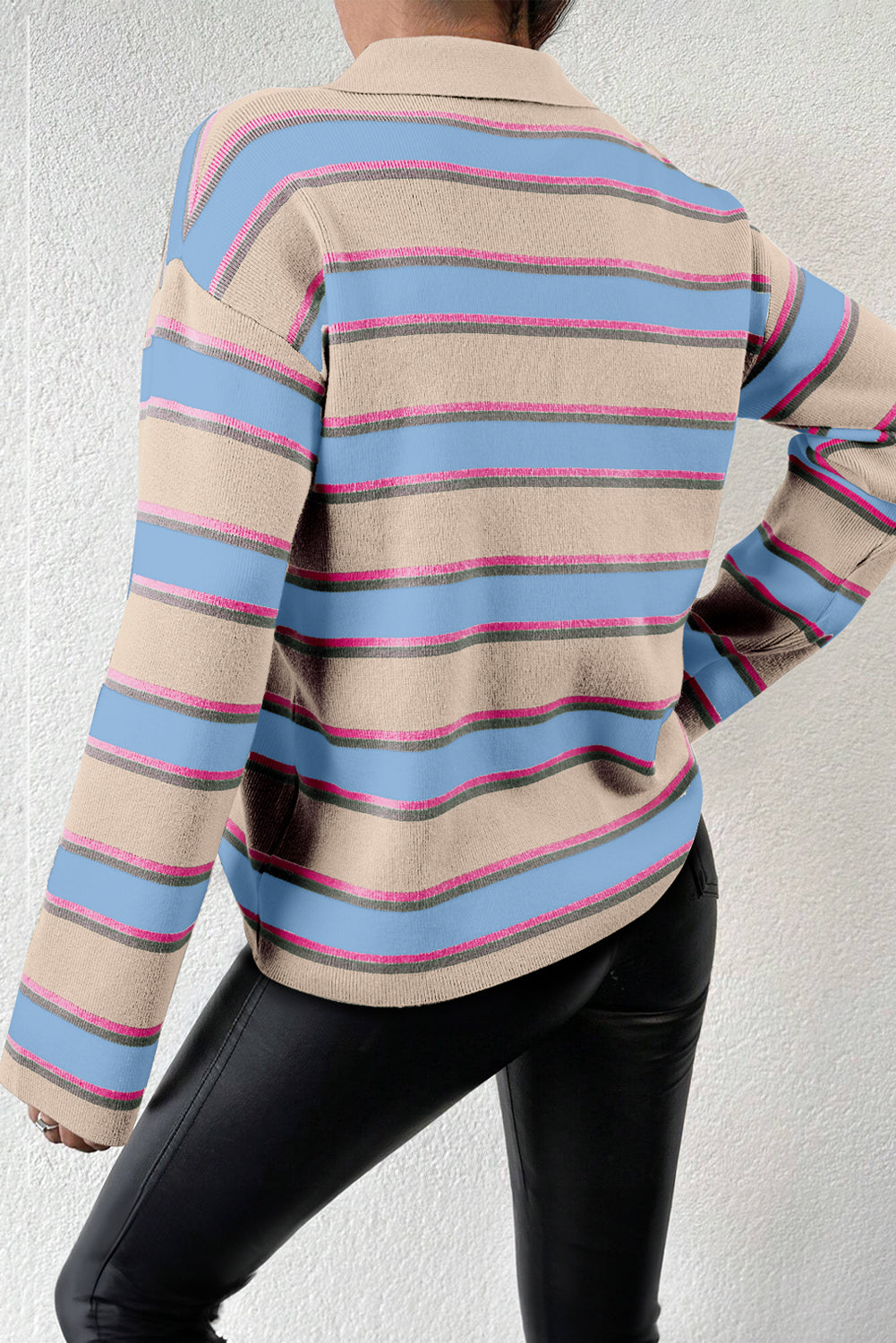 Apricot Stripe Collared V Neck Drop Shoulder Loose Sweater - eAura