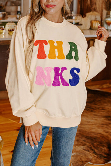 Beige THANKS Chenille Embroidered Drop Shoulder Graphic Sweatshirt - APRICOT / S / 65% POLYESTER + 35% COTTON