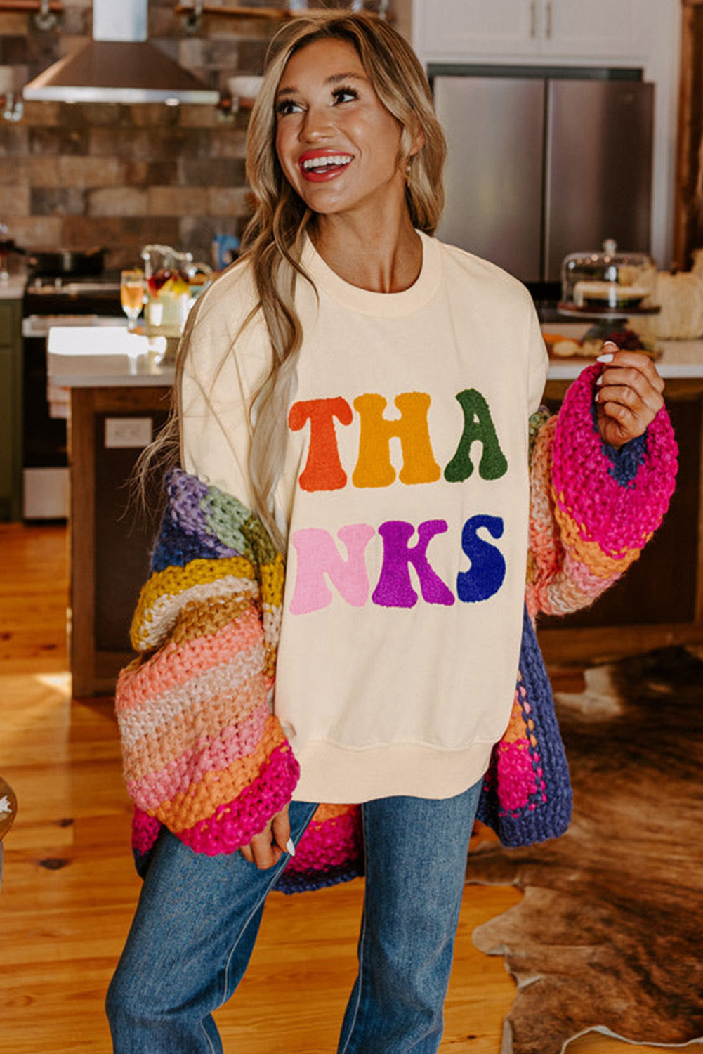 Beige THANKS Chenille Embroidered Drop Shoulder Graphic Sweatshirt - Tops/Sweatshirts & Hoodies