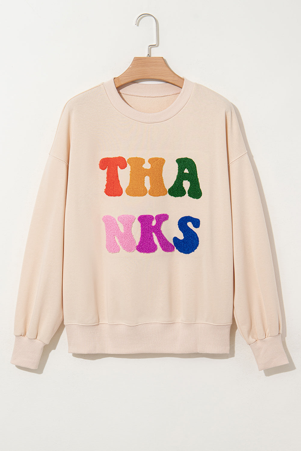 Beige THANKS Chenille Embroidered Drop Shoulder Graphic Sweatshirt - Tops/Sweatshirts & Hoodies