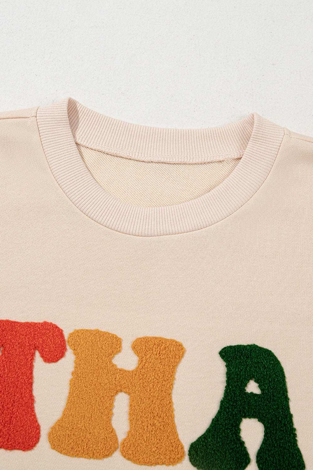 Beige THANKS Chenille Embroidered Drop Shoulder Graphic Sweatshirt - Tops/Sweatshirts & Hoodies