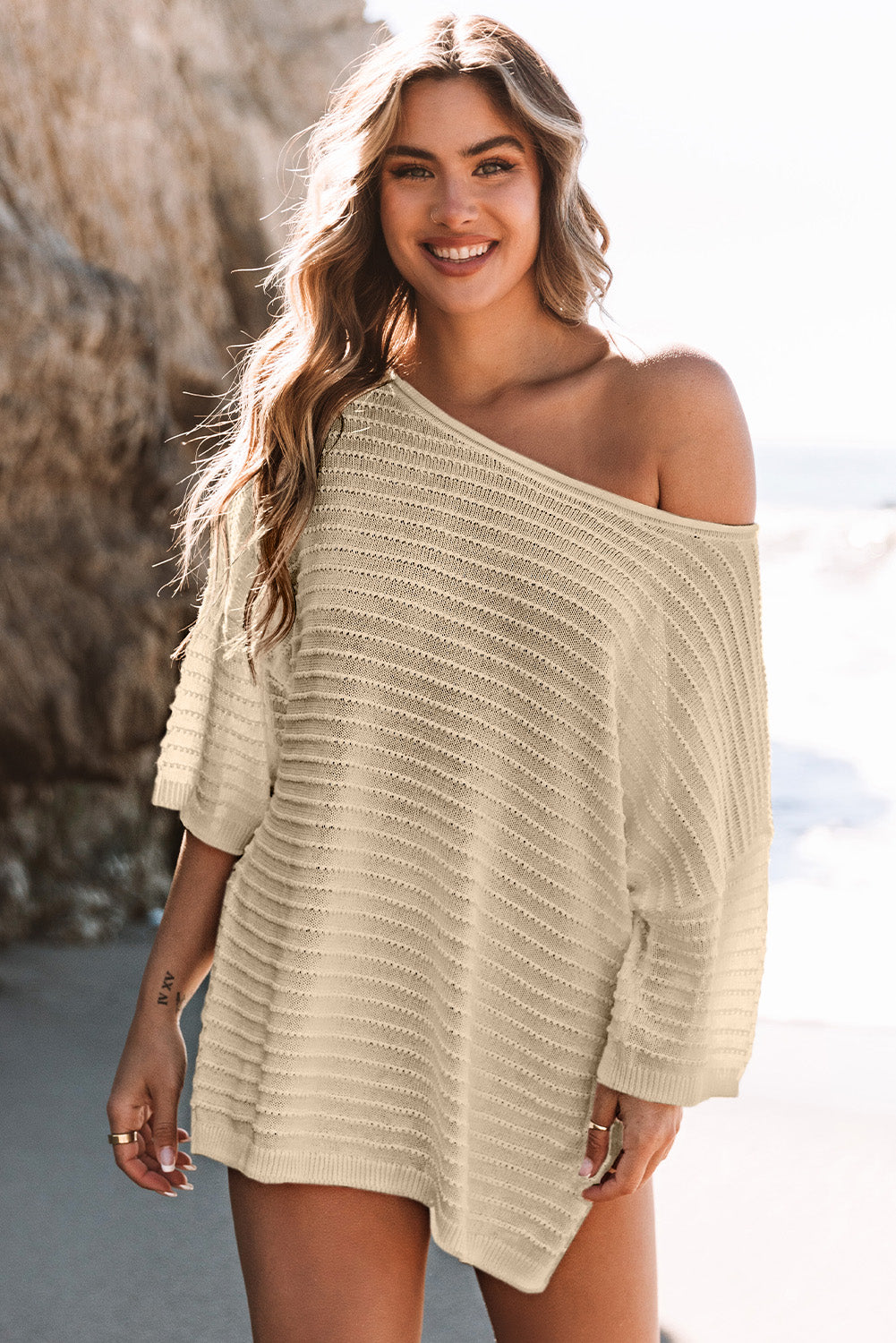Apricot Textured Knit Drop Shoulder Tee - eAura