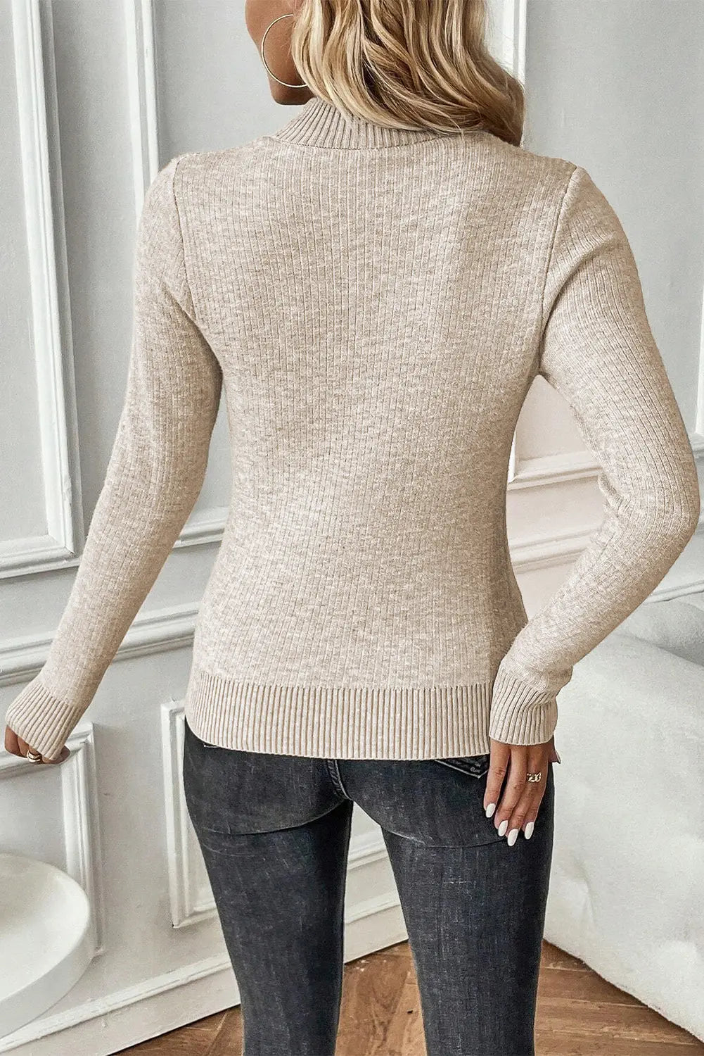 Apricot Thermal Lined Ribbed Knit Mock Neck Sweater Beagle Boutique Fashion Outlet