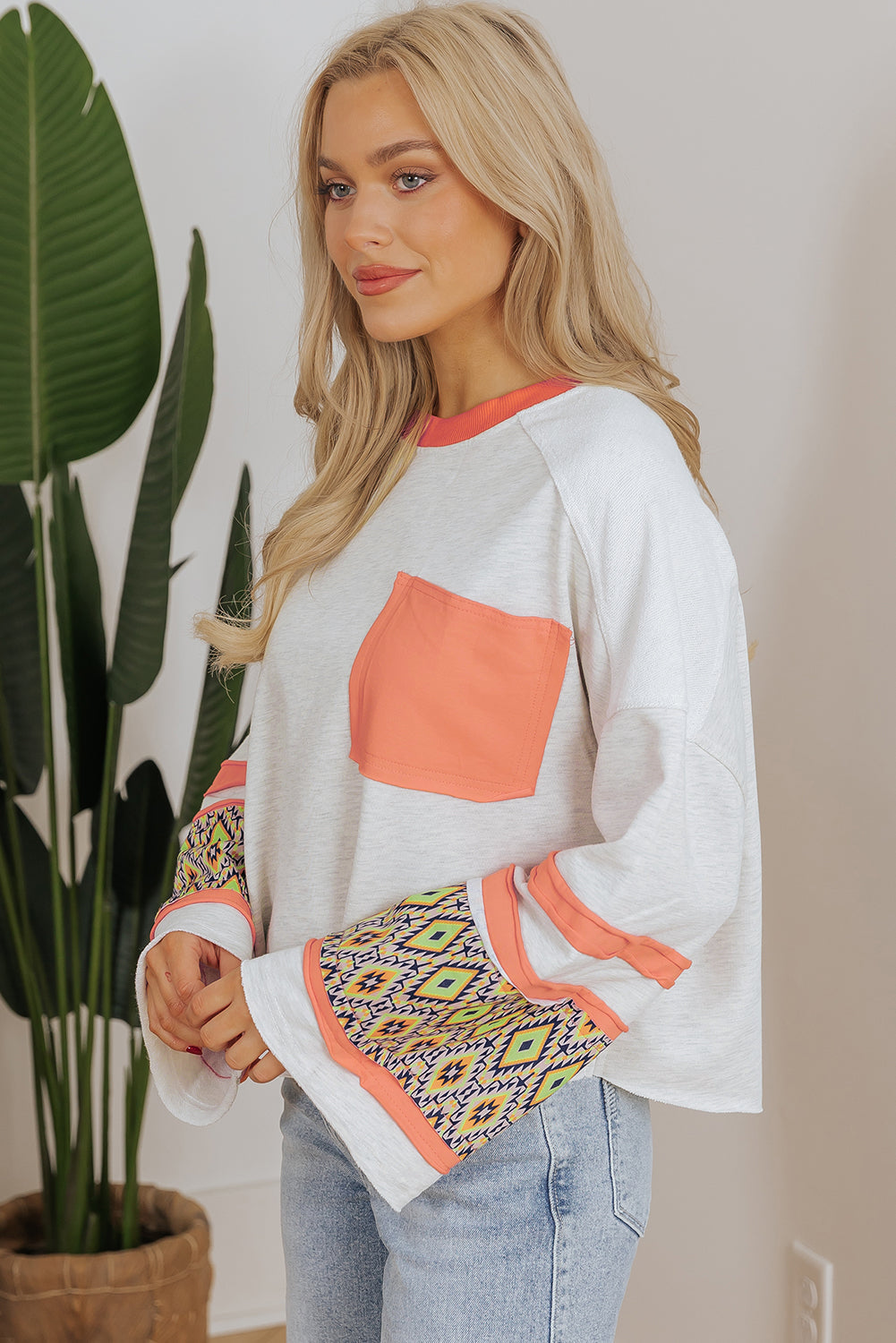 Apricot Western Aztec Patch Mineral Wash Loose Fit Top - eAura