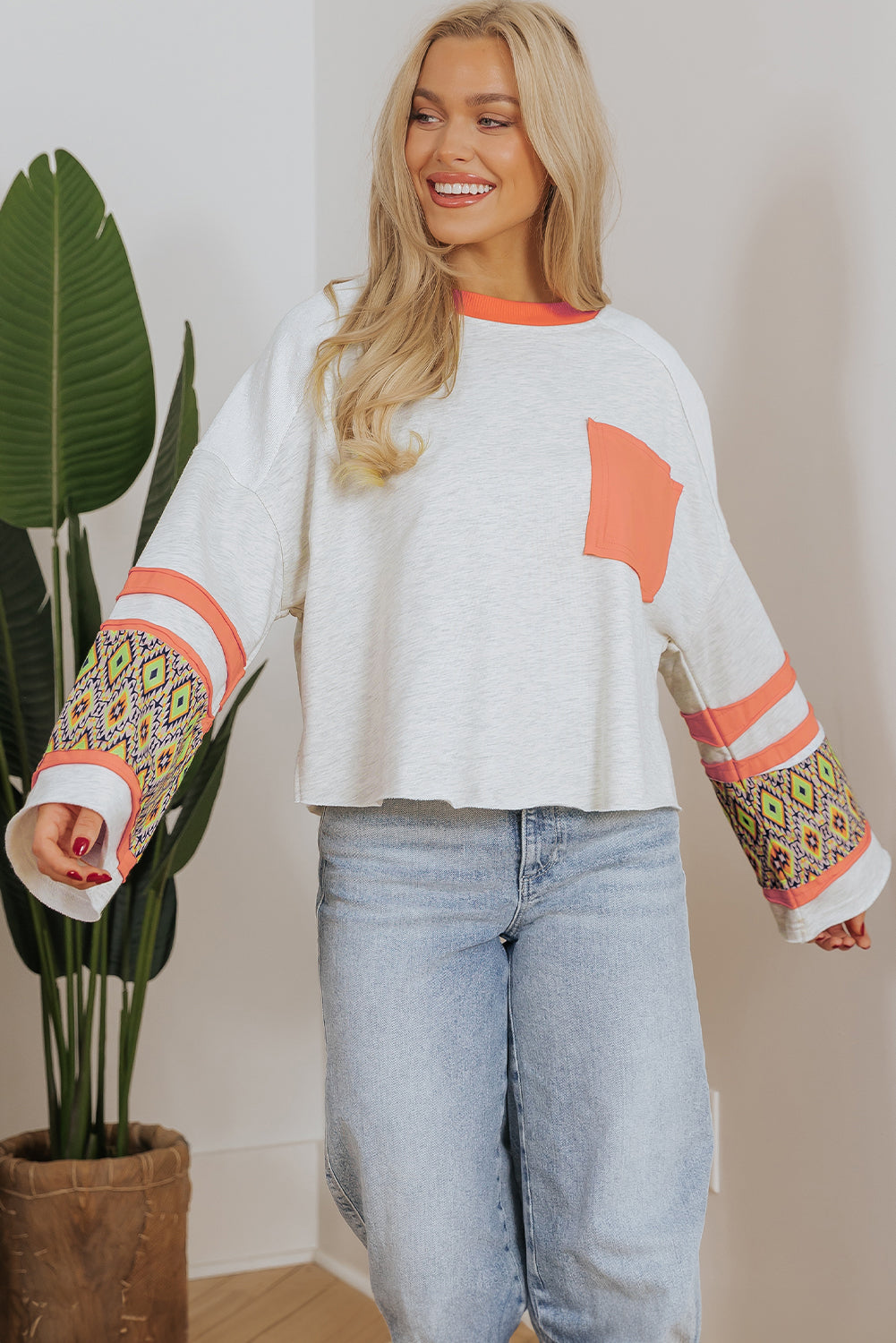 Apricot Western Aztec Patch Mineral Wash Loose Fit Top - eAura