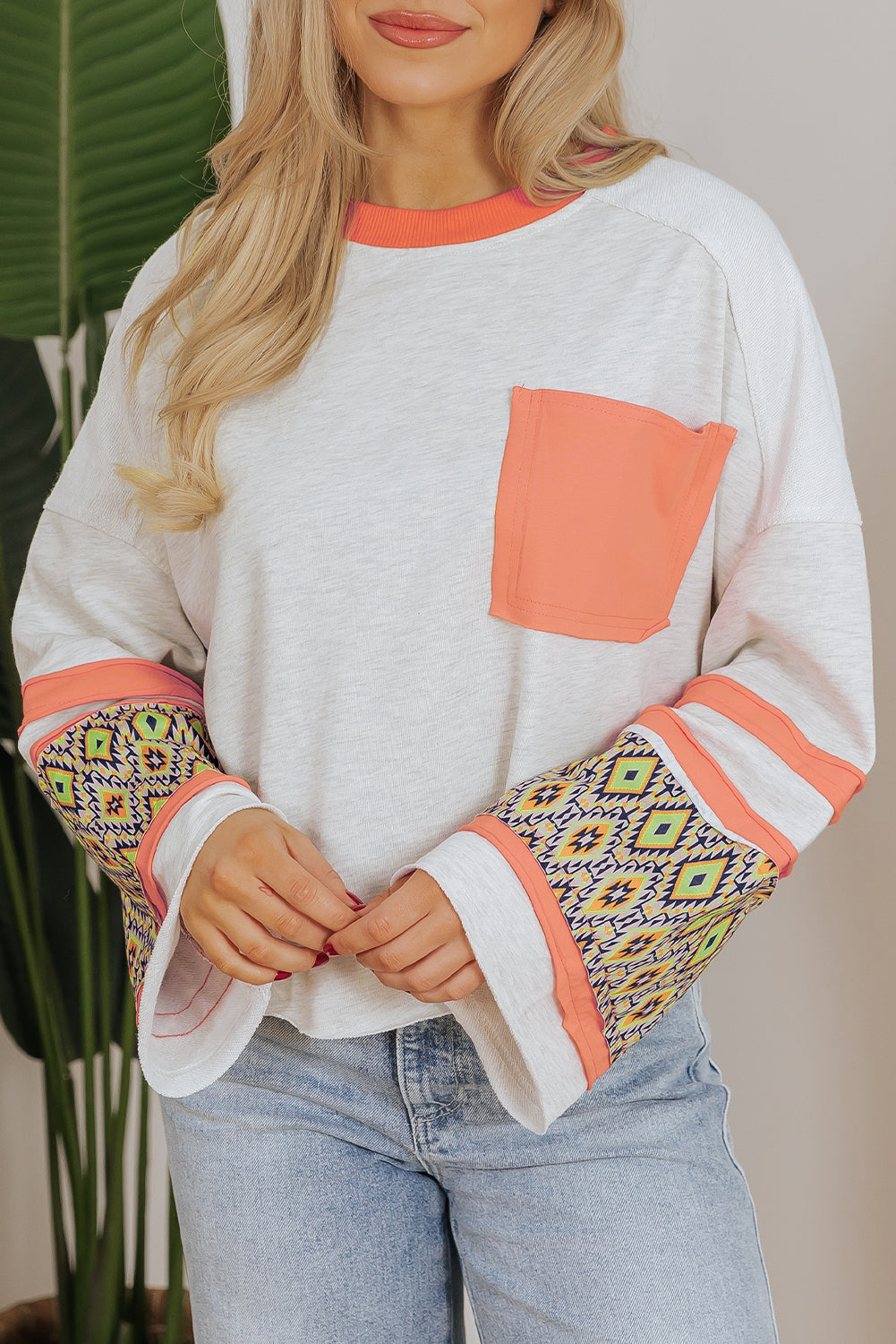 Apricot Western Aztec Patch Mineral Wash Loose Fit Top - eAura