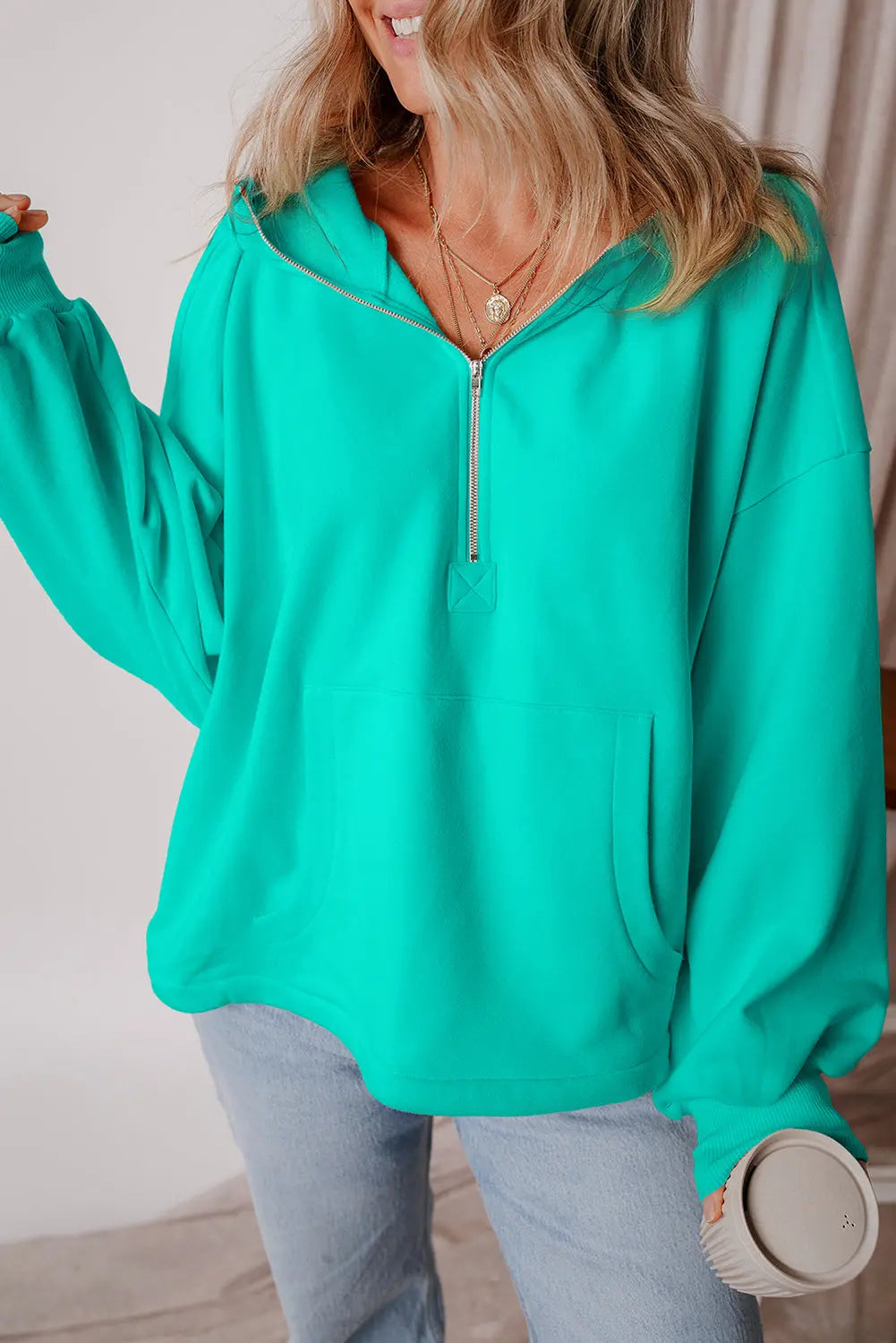 Aruba Blue Fleece Lined Half Zipper Kangaroo Pockets Loose Hoodie - BB Fashion Outlet