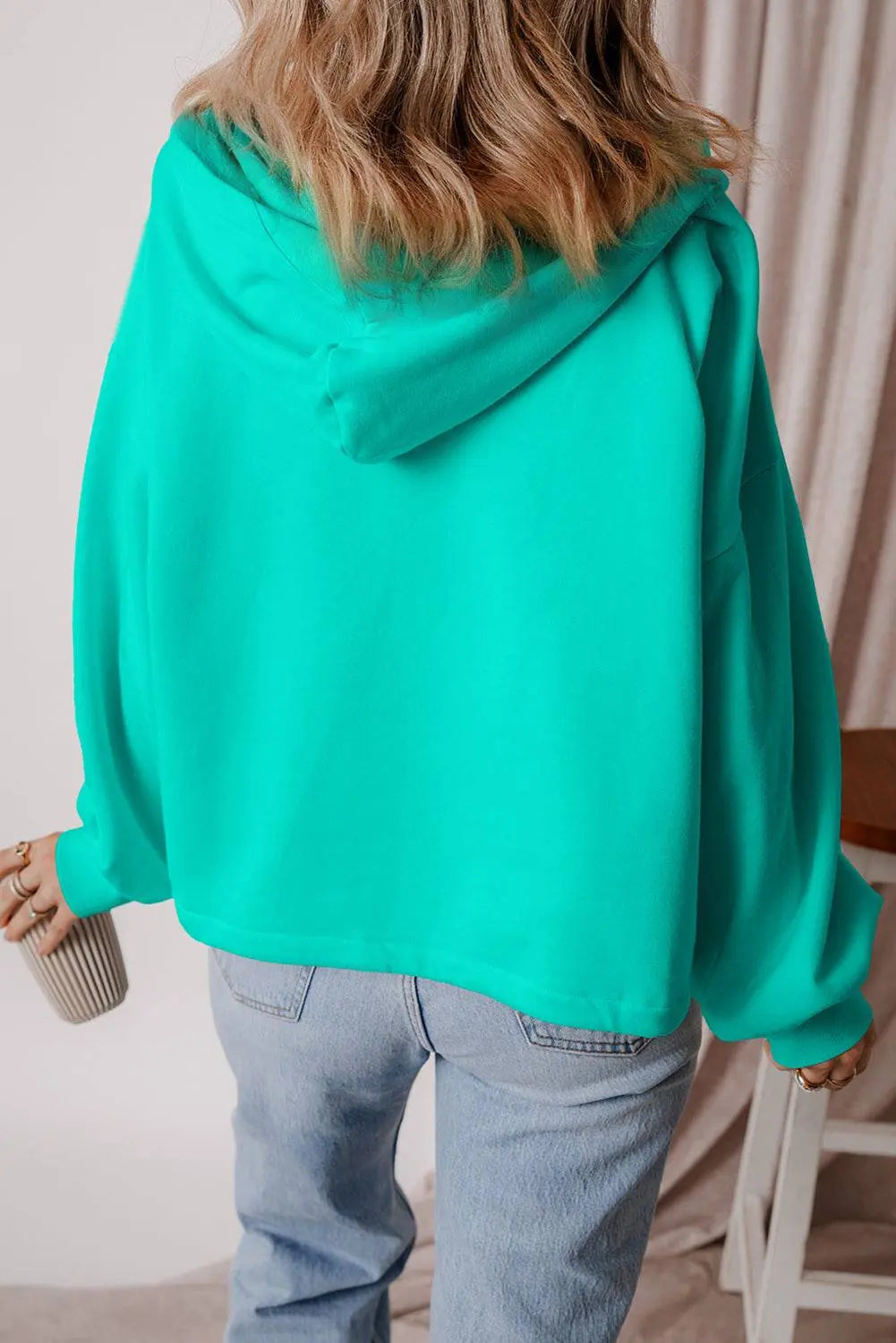 Aruba Blue Fleece Lined Half Zipper Kangaroo Pockets Loose Hoodie - BB Fashion Outlet