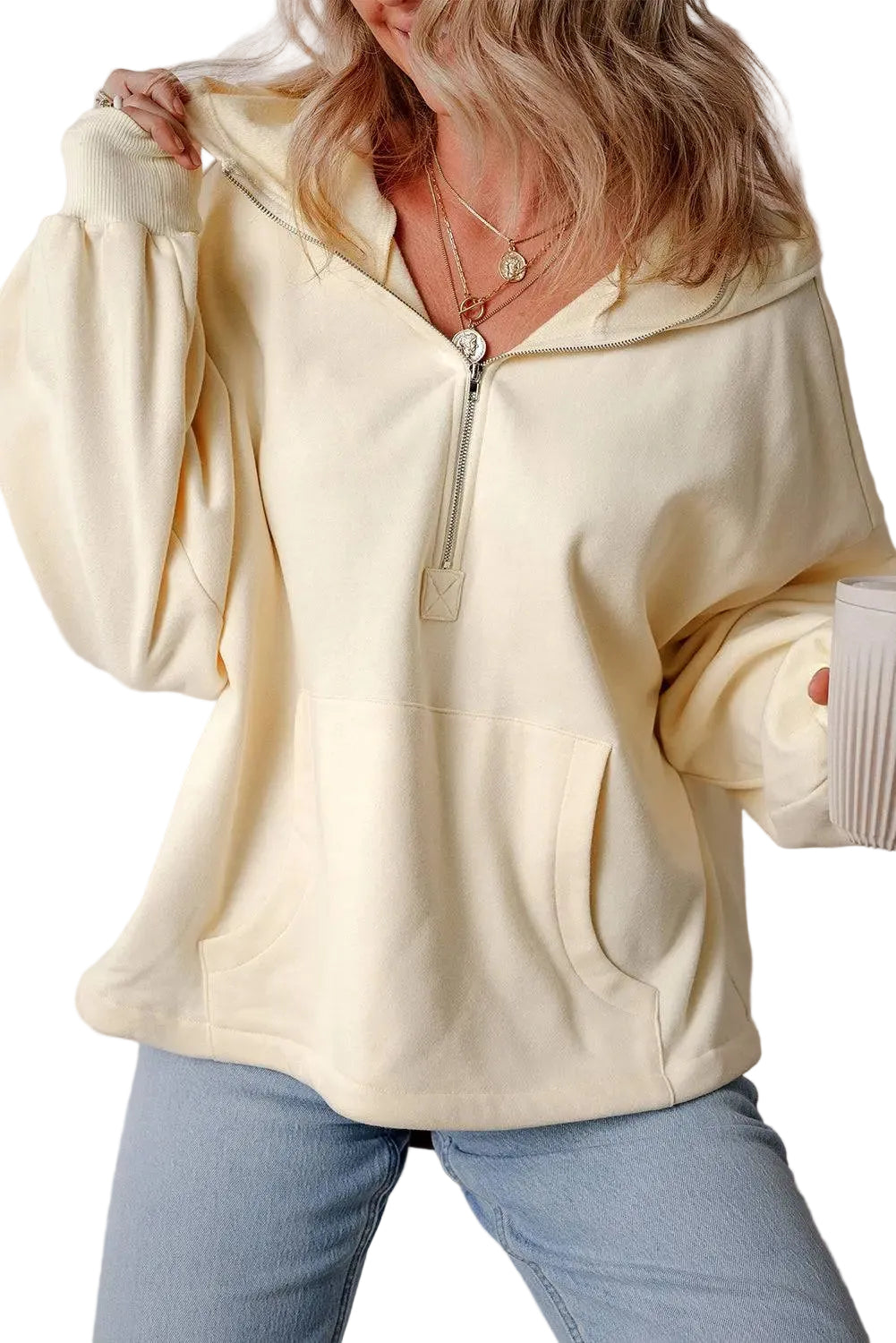 Aruba Blue Fleece Lined Half Zipper Kangaroo Pockets Loose Hoodie - Tops/Sweatshirts & Hoodies