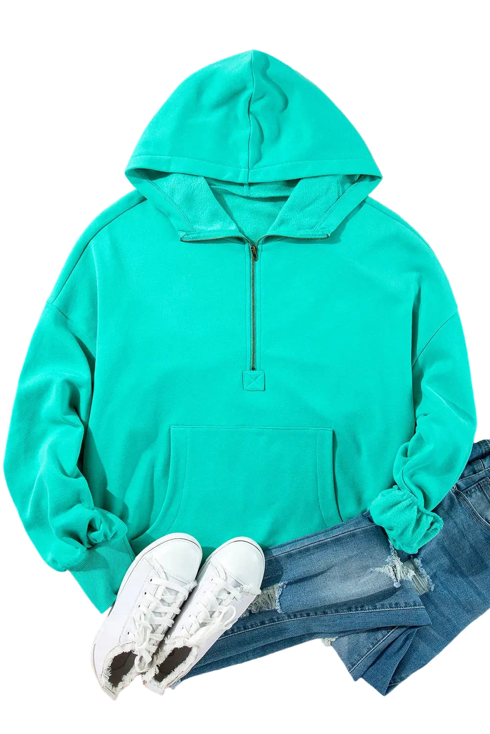 Aruba Blue Fleece Lined Half Zipper Kangaroo Pockets Loose Hoodie - Tops/Sweatshirts & Hoodies