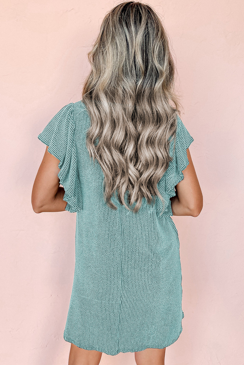 Aruba Blue Textured Ruffled Flutter Sleeve Mini Dress - eAura