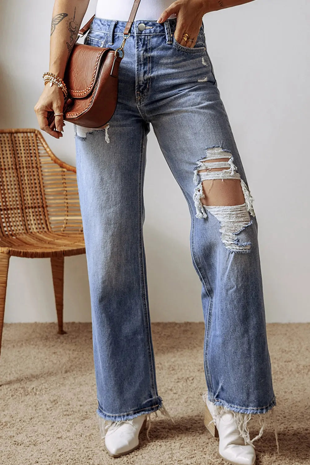 Ashleigh Blue Distressed Raw Hem Straight Leg High Waist Jeans eAura
