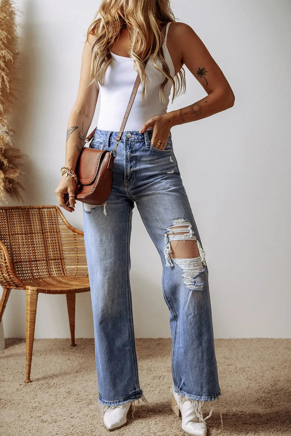 Ashleigh Blue Distressed Raw Hem Straight Leg High Waist Jeans eAura