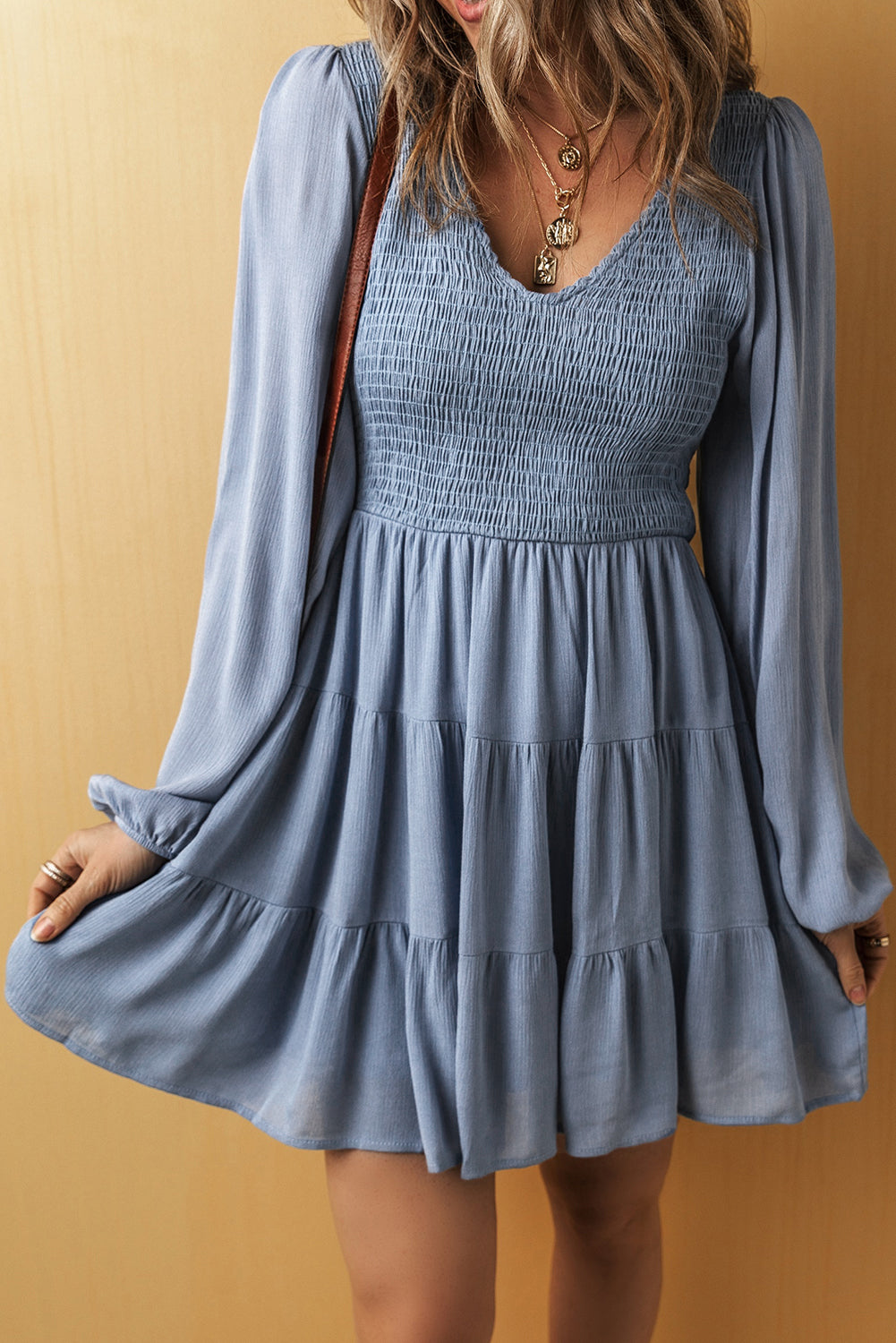 Ashleigh Blue Long Sleeve V Neck Smocked Tiered Mini Dress - ASHLEIGH BLUE / S / 100% VISCOSE - Dresses/Mini Dresses