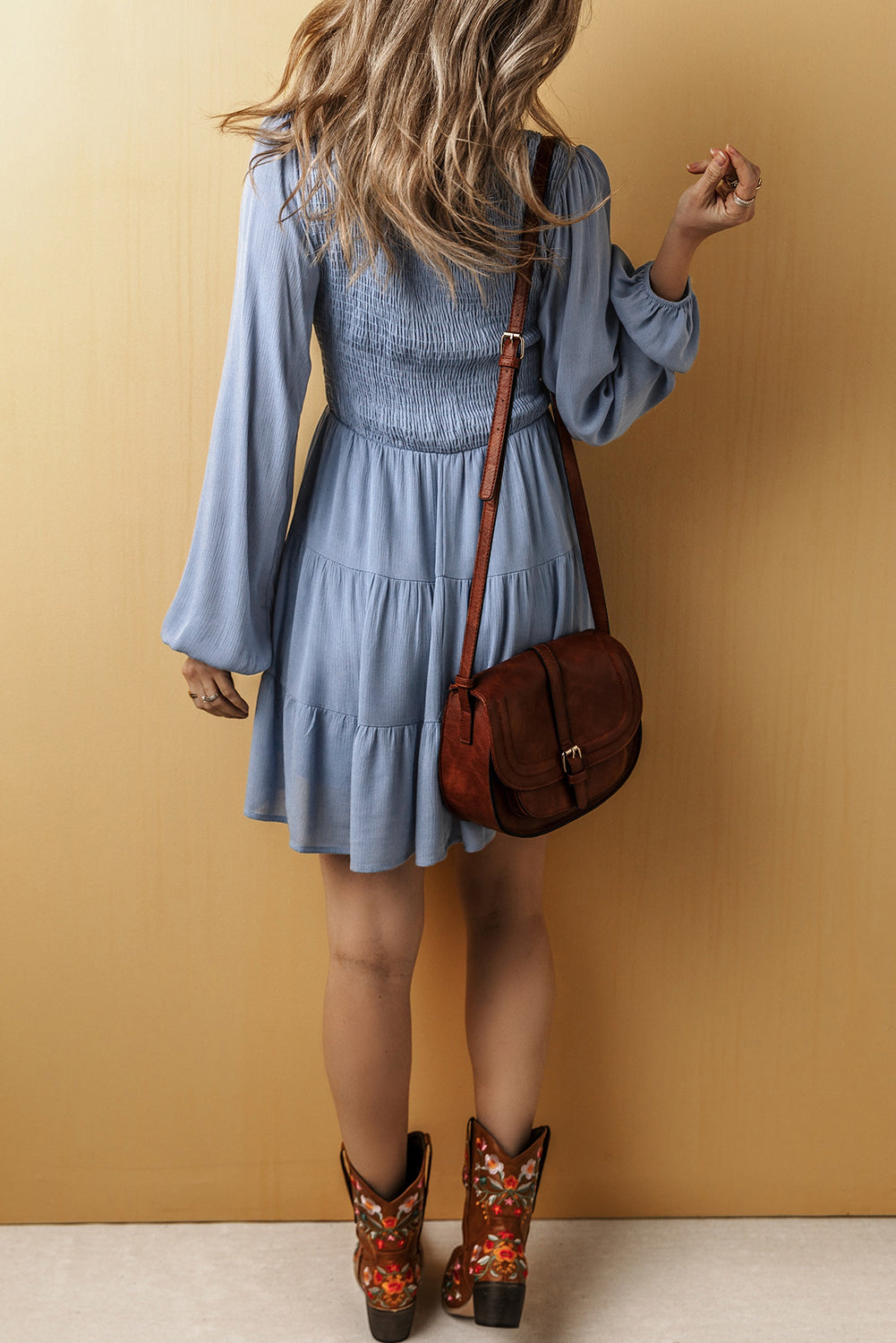 Ashleigh Blue Long Sleeve V Neck Smocked Tiered Mini Dress - Dresses/Mini Dresses