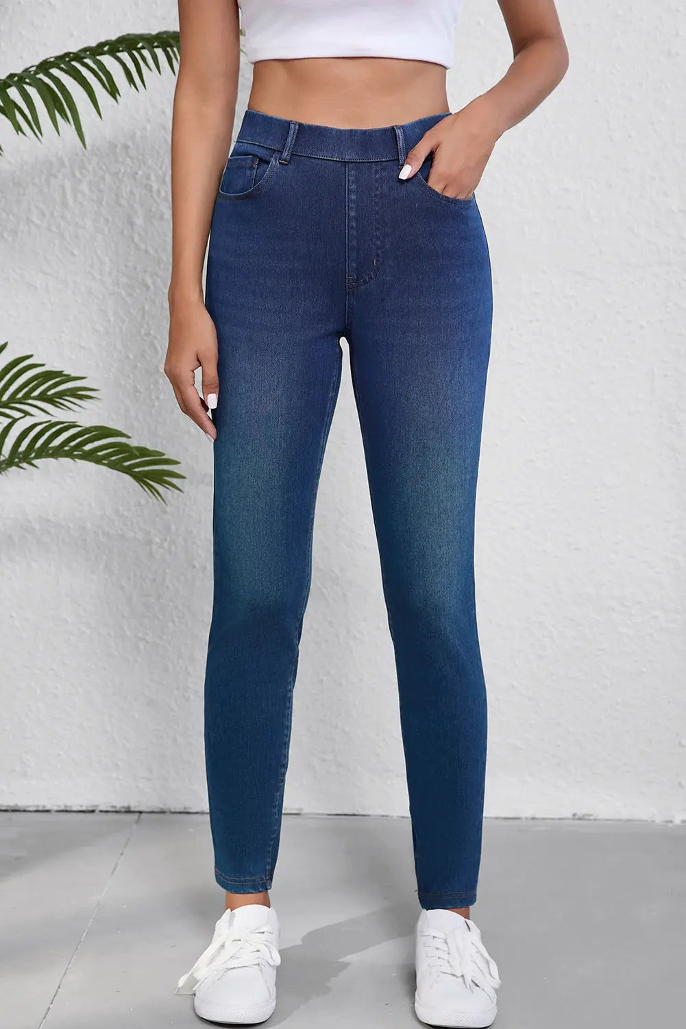Ashleigh Blue Multiple Pockets Straight Leg Washed Stretchy Knit Casual Jeans eAura