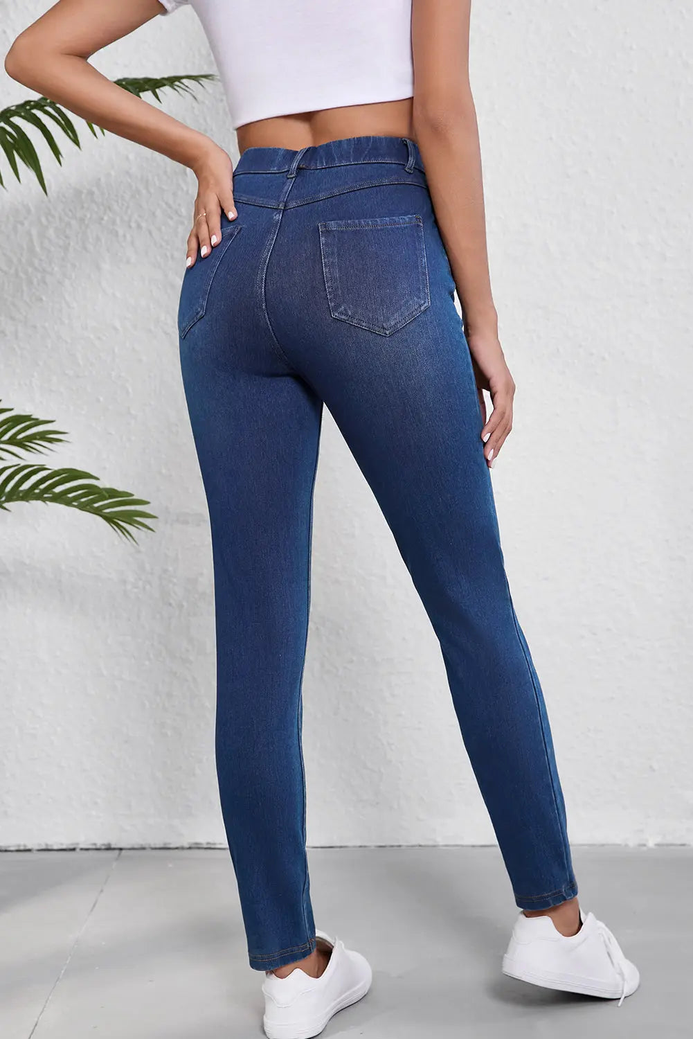 Ashleigh Blue Multiple Pockets Straight Leg Washed Stretchy Knit Casual Jeans eAura