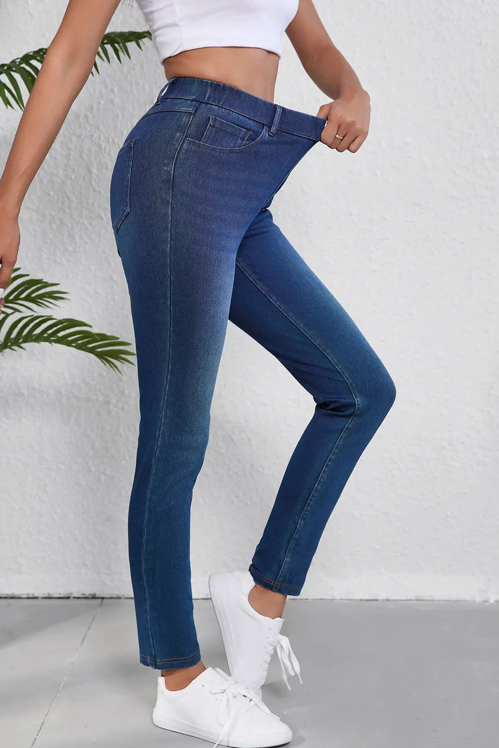Ashleigh Blue Multiple Pockets Straight Leg Washed Stretchy Knit Casual Jeans eAura